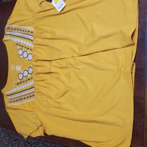 NEW St John's Bay mustard yellow with blue embroidery top